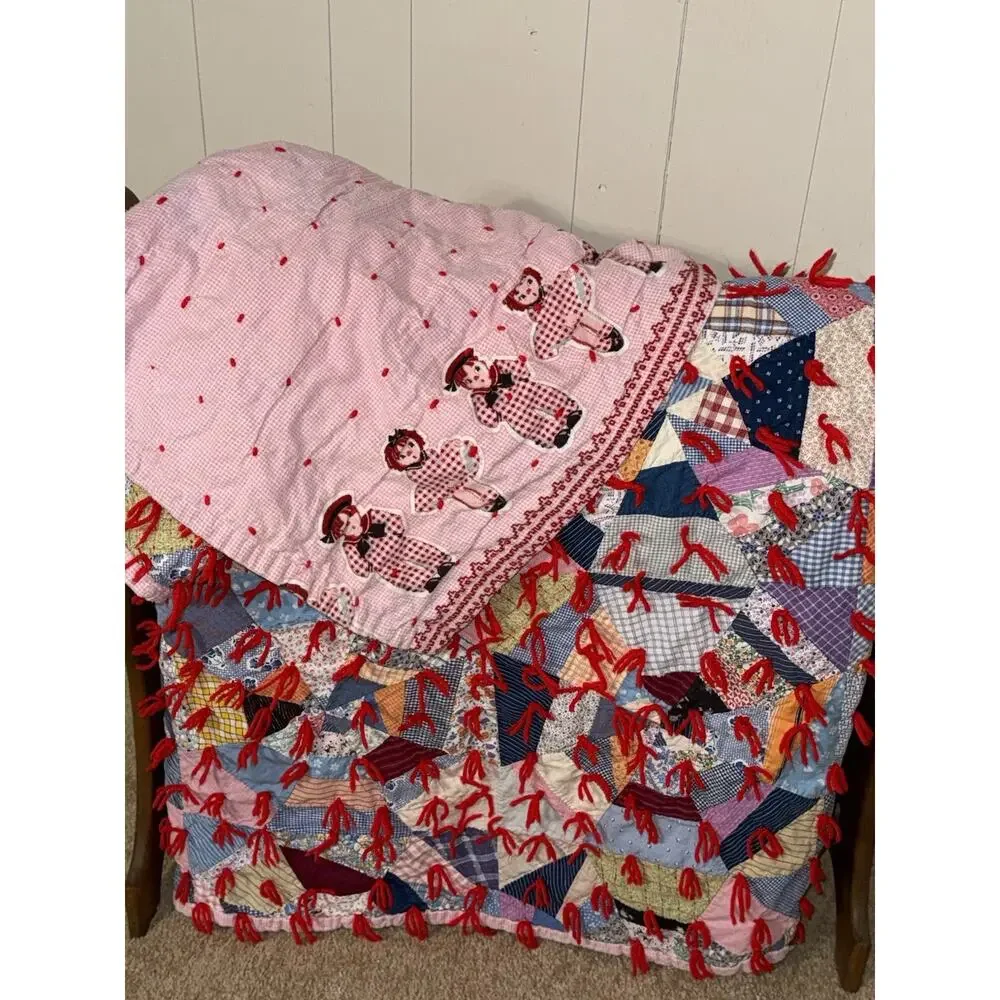 Vintage Patchwork Quilt Folk Art Colorful Scrap Granny Tied - Picture 14 of 15